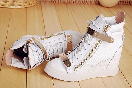Hot Brand Women Casual Wedges Platform High Top Sneakers White /black Stone Pattern Within the higher Shoes Double iron Zipper Lace up Boots