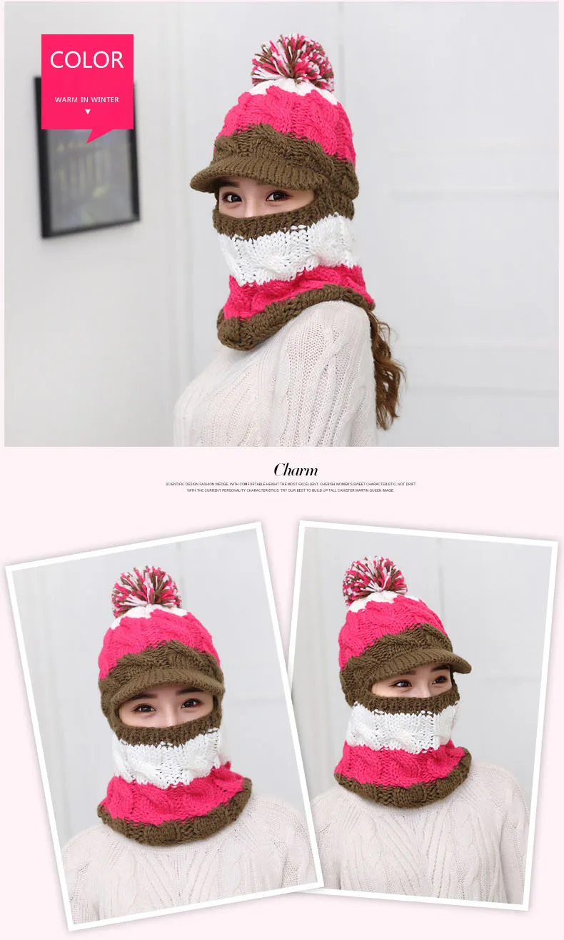 2017 huvudbonad kvinna ull hatt one-dele bantle collage vinter tjej vinter varmare ridning knit hatt huvudvärmare