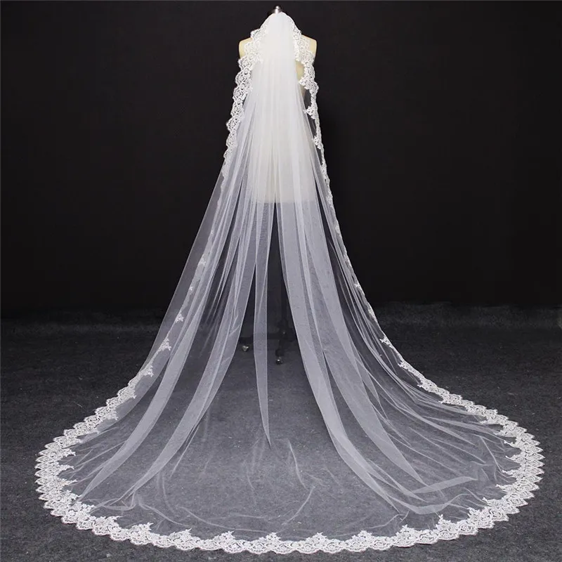 Imagens reais de camada única bling lantejas de renda mantilla véu de noiva com pente catedral de casamento longo véu nv71013871688