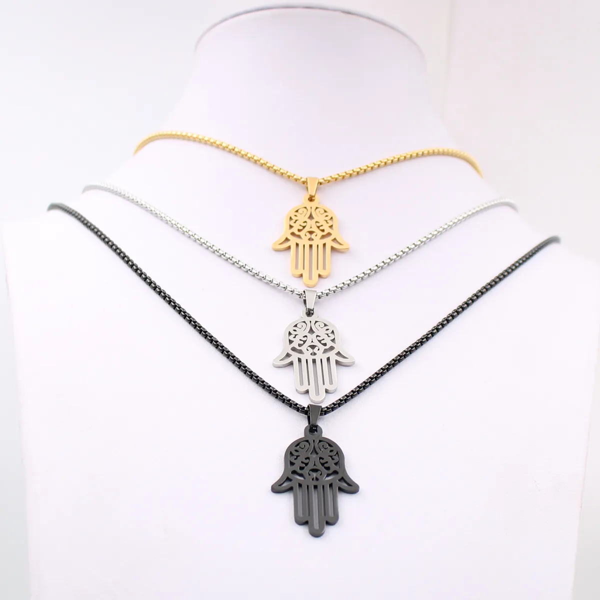 Silver gold black choose Men's ICP 316L Stainless Steel Black Hand of Fatima Hamsa Pendant with Matching 3mm 24inches Box Rol337W