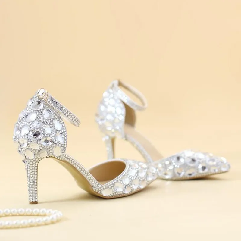 Bout pointu strass chaussures sandales d'été brides à la cheville dame chaton chaussures à talons AB cristal chaussures de fête de mariage Banquet Pumps256W