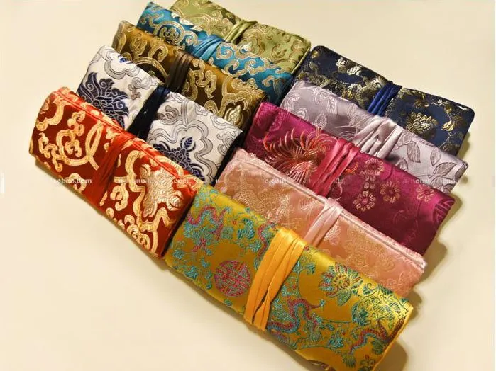 Luxury Travel Jewelry Roll Storage Bag Silk Brocade Foldable Large Makeup Bag Flower Drawstring Cosmetic Bag Pouch for Women 10pcs/lot