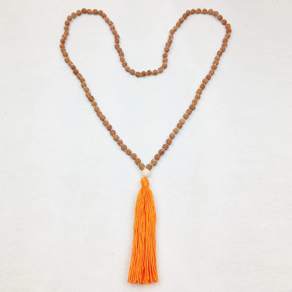 St0211 Rudraksha Mala Hand Knitted Orange Tassel Halsband Traditionell Bön Pärlor Hindu Smycken Damklamer