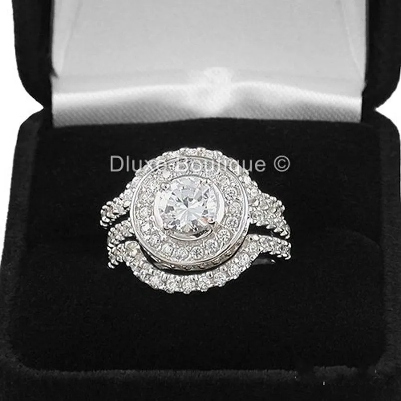 Bague de mode Vecalon diamant simulé Cz 3-en-1 bague de fiançailles ensemble de bague de mariage pour les femmes bague en or blanc 10KT remplie