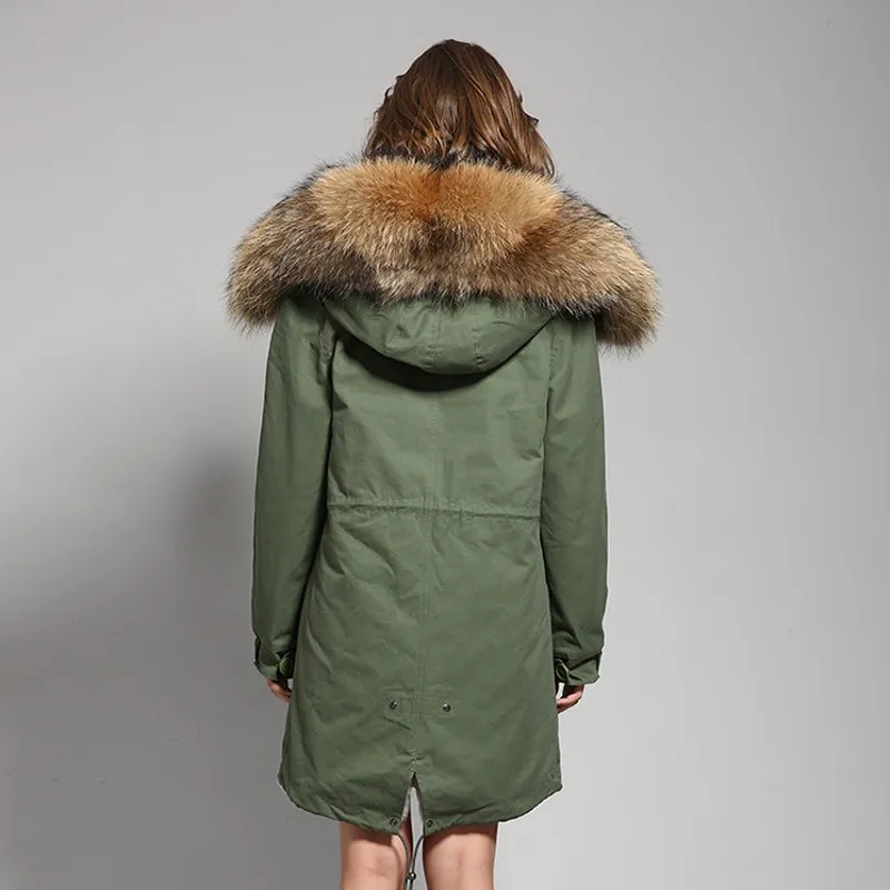2017 new High quality fashion women luxurious big raccoon fur collar coat with rabbit wool hood warm winter jacket liner parkas long top