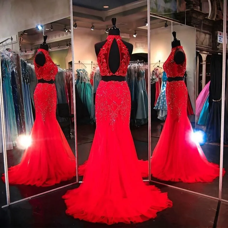 Rosso blu royal fucsia lungo pizzo strass di cristallo con perline abiti da ballo a sirena abiti da sera in due pezzi abiti da spettacolo feste formali