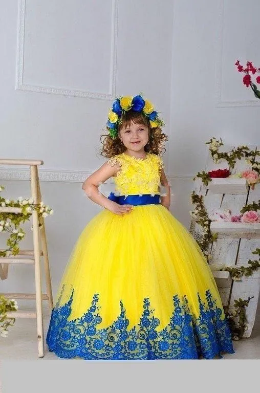 Yellow Girls Pageant Dresses Gowns Appliques Sash Bow Ball Gown Flower Girl Dresses For Wedding Floor Length Girls Birthday Princess Dresse