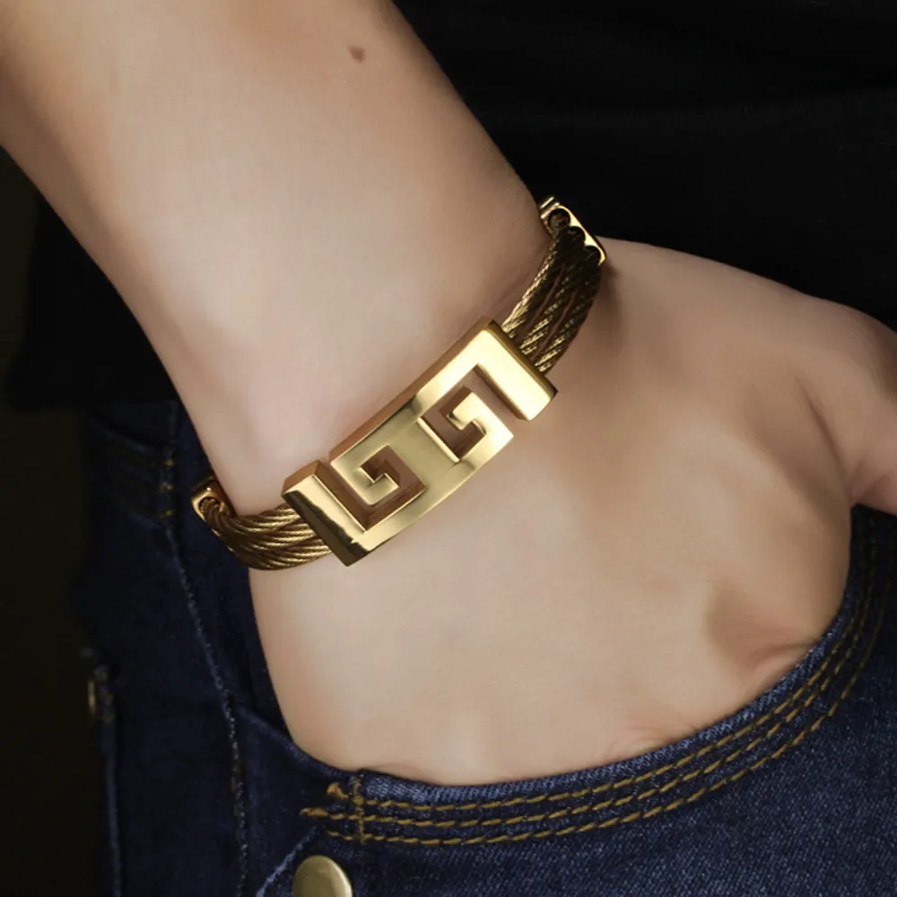 High Quality gold Color stainless steel men bracelet jewelry punk heavy metal bracelets & bangles Great Wall Pattern Bracelet