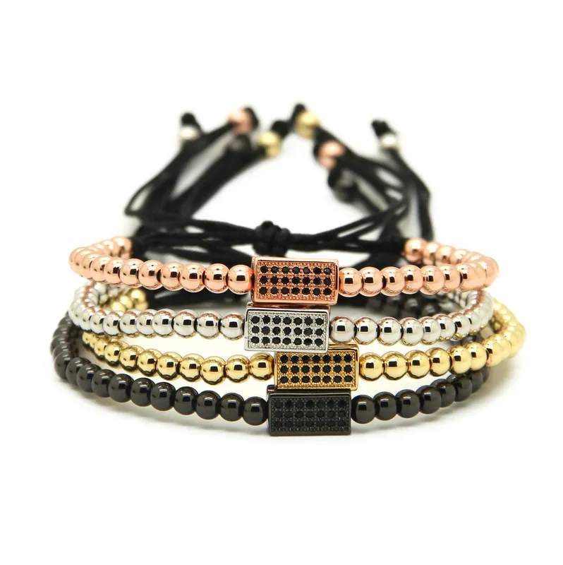 Atacado 10 pçs / lote 4mm de Ouro, Rosa de Ouro, platina Preto Rodada Beads com retângulo Preto CZ Beads Trança Macramé Pulseira