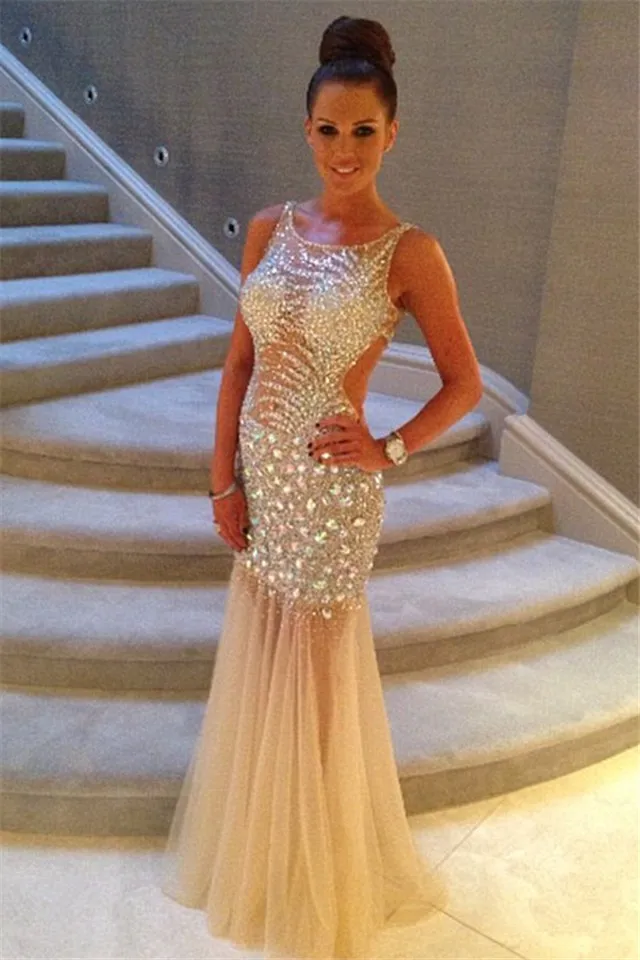2020 Cheap Bling Sexy Jewel Neck Evening Dresses Wear Rhinestone Crystal Major Beading Mermaid Sheer Dress Formal Open Back Party Prom Gowns