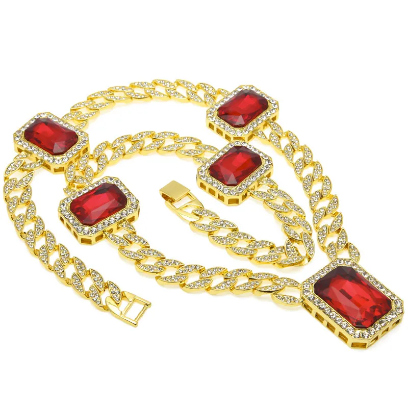 Exagéré Lourd Extra-grossier MIAMI CUBAN LINK Rouge Gemme Pendentif Longues Chaînes Collier Hommes À La Mode Hip Hop Diamante Joyas 76cm Or Argent