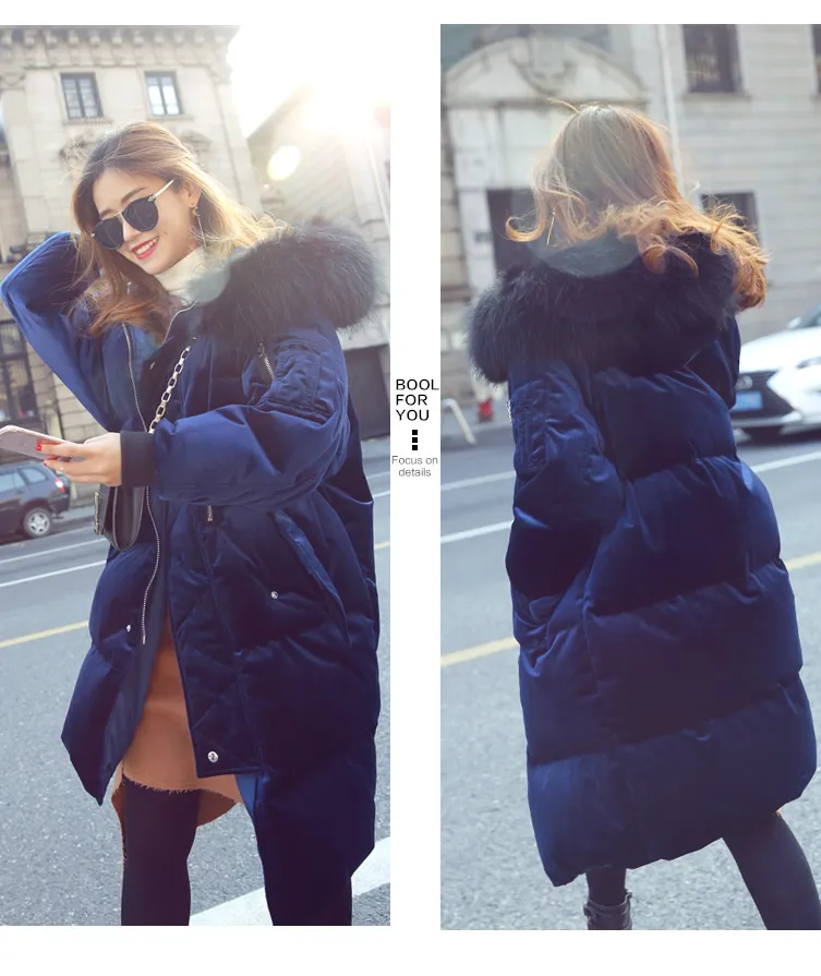 NOUVEAU ELEGANT COLLE BLEU VELVET BLANC DICH DOWN DOWN MODED Long Ratcoon Fur Capuche a capuche Mabille Casacos Down Coat XS XL