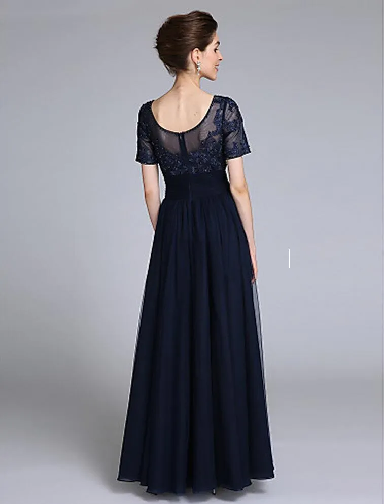 Elegant Mother Of the Bride Groom Dresses Floor-length Short Sleeve A Line Scoop Appliques with Beadings Wedding Party Evening Gowns