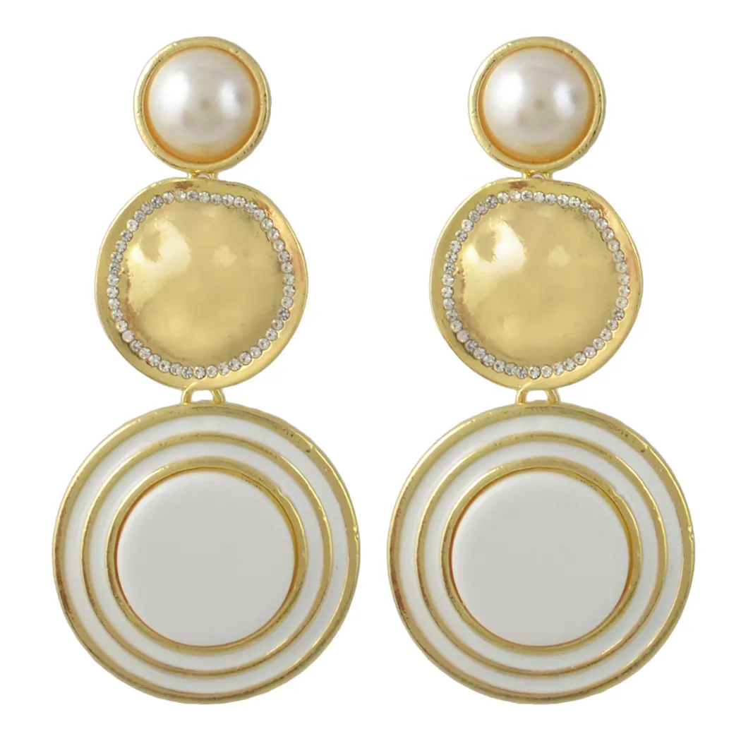 idealway Gold Plated Enamel Round Pearl Rhinestone Drop Earrings Jewelry Accessories For Women