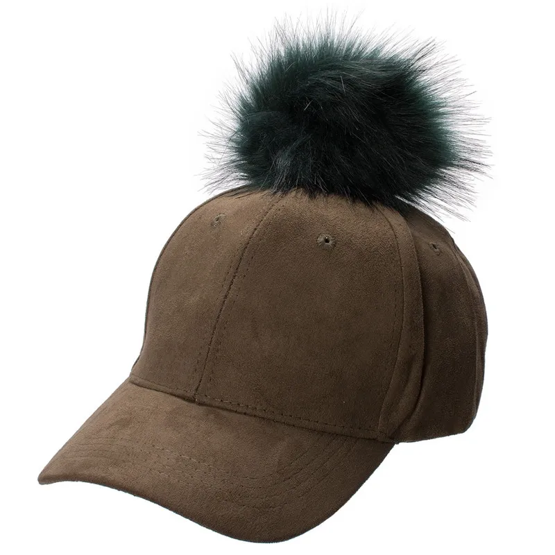 New Stylish Adjustable Womens Unisex Fur Pom Pom Suede Baseball Cap Hip Hop Girls Hat A383