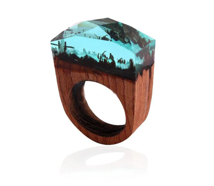 Alla moda popolare resina legno legno rosa fioritura foresta segreta mondi in miniatura all'interno dell'anello gioielli da dito da donna