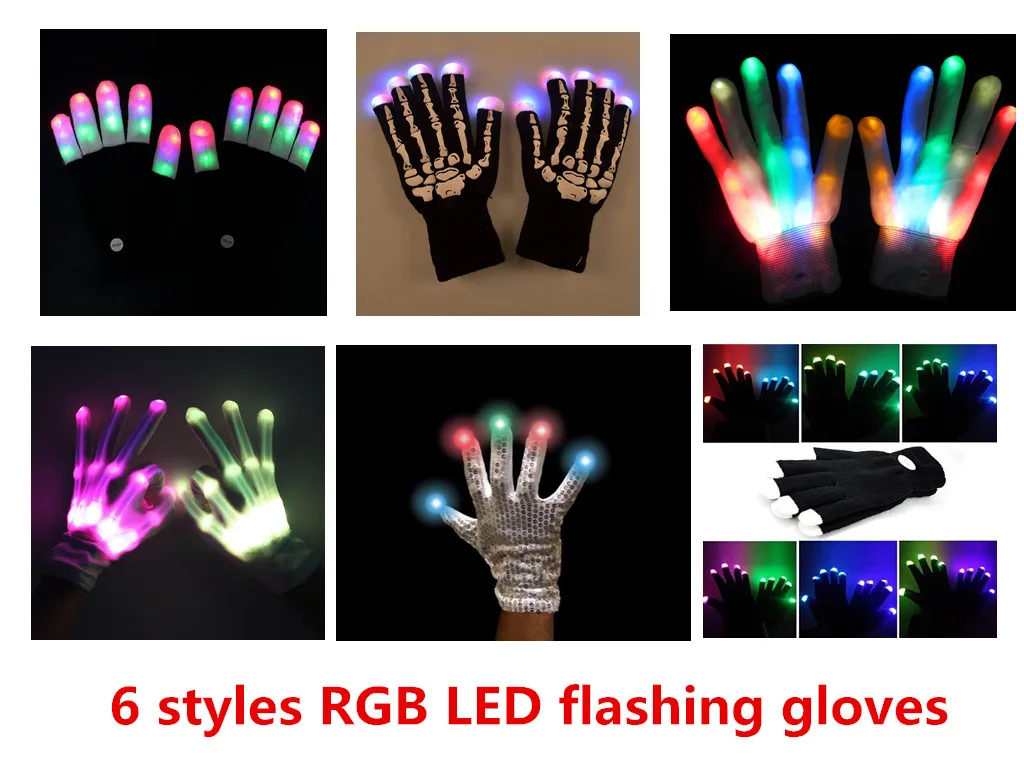 Novelty Lighting 6 styles Multi-Color Electronic LED Flashing Gloves colorful led Light Up Halloween Dance Rave Party Fun