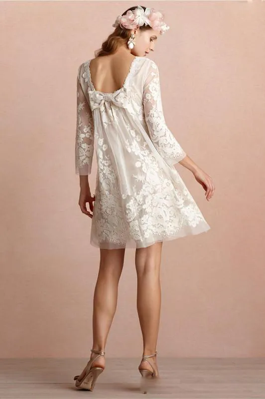 Mini vestidos de novia cortos Escote cuadrado Mangas largas Vestido de novia sin espalda Apliques de encaje Vestidos de novia de playa