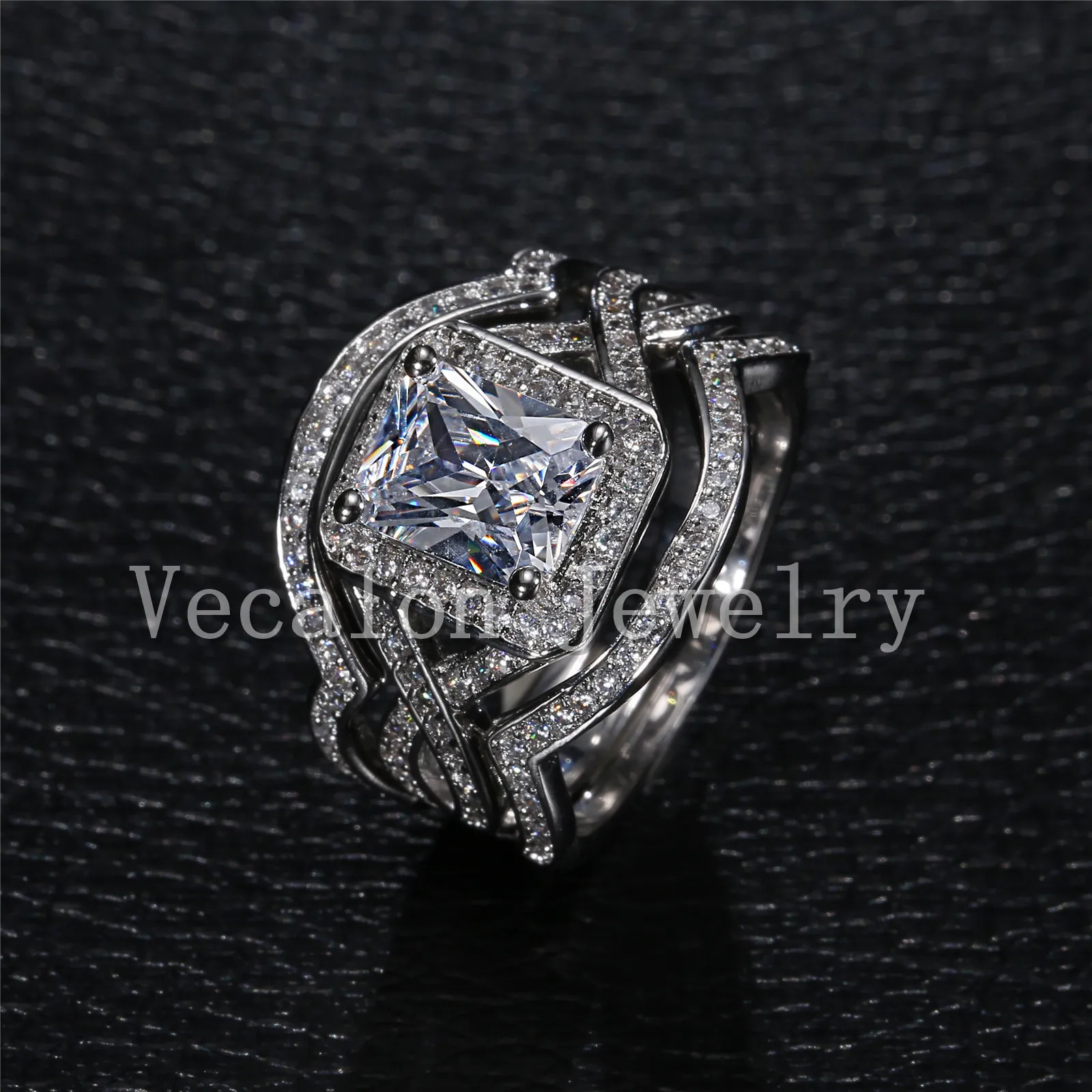 Vecalon princesa corte 4ct diamante simulado cz 3 en 1 anillo de compromiso conjunto de anillo de boda para mujer 10KT anillo relleno de oro blanco