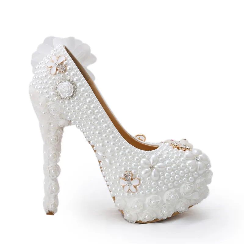 Special Design Wedding Shoes White Pearl High Heel Bride Dress Shoes Lace Flower and Lovely Bear Platform Prom Party Pumps