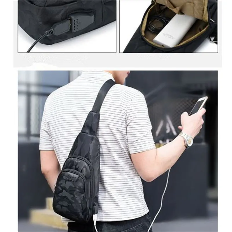 Creative Men Borst Pack Mannen Single-Shoulder Bags Cross Body Back Pack met ingebouwde USB Outdoor Borst Tas Out297