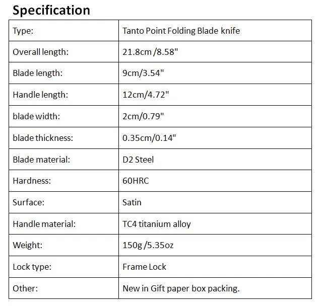 DHL-Versand High-End-Survival-Klappmesser D2-Stahl 60HRC Tanto-Punktklinge TC4-Titanlegierungsgriffmesser mit Geschenkbox