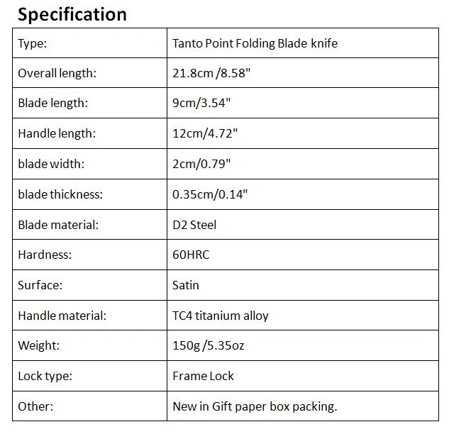 DHL Shipping High End Survival Folding Nóż D2 Stal 60HRC Tanto Point Blade TC4 Tytanowy uchwyt Noże Noże z Pudełko