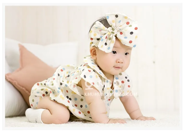 2016 småbarn baby rompers spädbarn pojkar flickor färgglada polka prickar romper med pannband nyfödda barn sommar kort ärm jumpsuits1941633