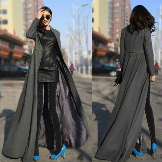 Qiu dong the goddess of cultivate one's morality posed mop the floor on the super long woollen coat collar dress dust coat dress coat HOT