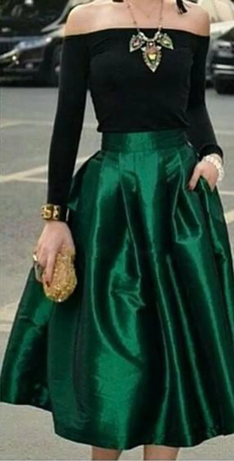 Dark Green Under Midi Skirts For Women High Waisted Ruched Satin Tea Length Petite Cocktail Party Skirts Top Quality Women Formal Outfits