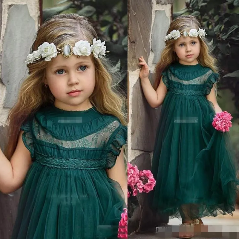Permeabilidad famoso Entrada Lindos Vestidos De Niña De Flores De Color Verde Oscuro Una Línea De  Tripulación Cap Mangas