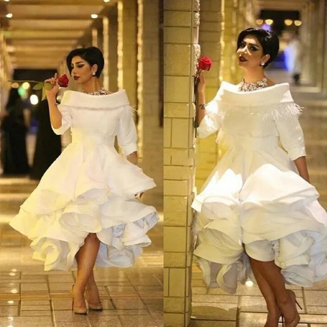 White Puffy Lady Formal Dresses 1 2 Long Sleeve High Low Western Country Evening Party Vestido Ruched Arabic Prom Dresses