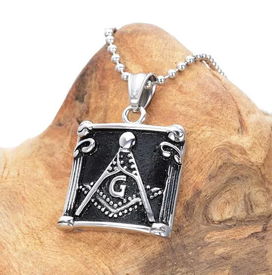 Cool Jewelry Gift Freemasonry Masonic Mason Pendant Acero inoxidable Hombres Negro plata Collar 2.4mm * 24 '' Cadena de bolas
