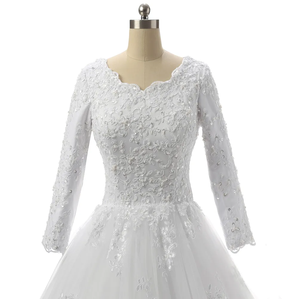 3/4 슬리브 2020 아플리케 웨딩 드레스 레이스 업으로 BATEAU 목 레이스 얇은 명주 그물 웨딩 드레스