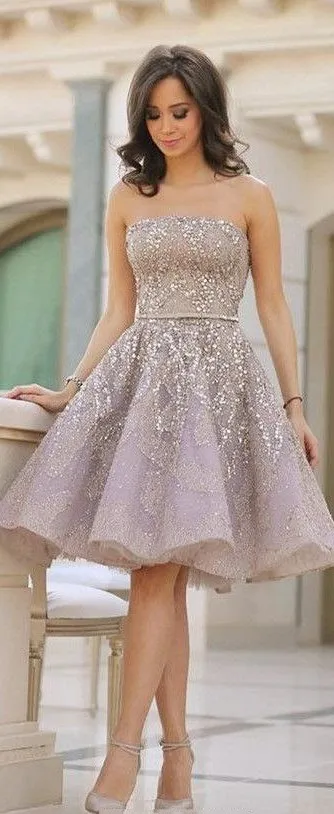 Strapless 2016 Homecoming Dresses Elegant With Applique Sequins Prom Dresses Knee-Length Custom Made Tiered Formal Party Dress 2016 Discount