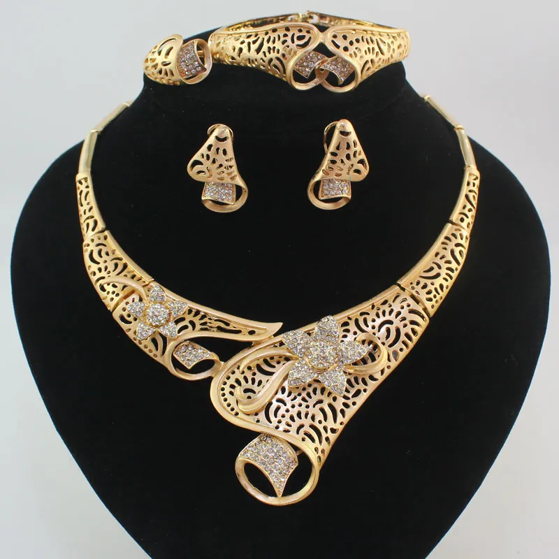 Fashion Women 18K Gold Plated Africa Dubai Wedding Party Flower Necklace Earring Bracelet Rings Jewelry Sets