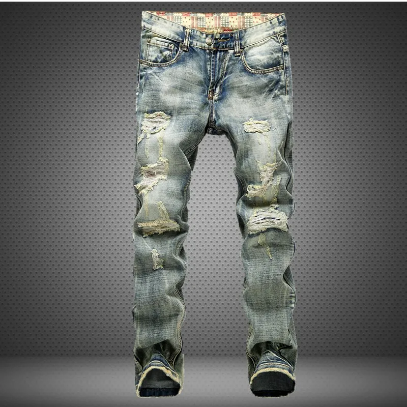 Yırtık erkekler kot yıpranmış erkek tahrip İnce biker jeanscasual sıska holesdenim pantolon yıkanmış sarı renk yağma tulum ...