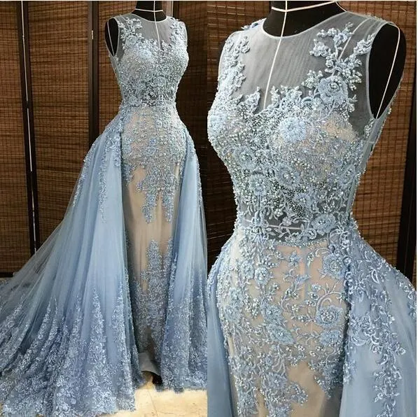 2019 Elie Saab Evening Dresses Detachable Overskirt Deep V Neck Illusion Blue-gray Pearls Beaded Lace Appliques Tulle Celebrity Prom Gown