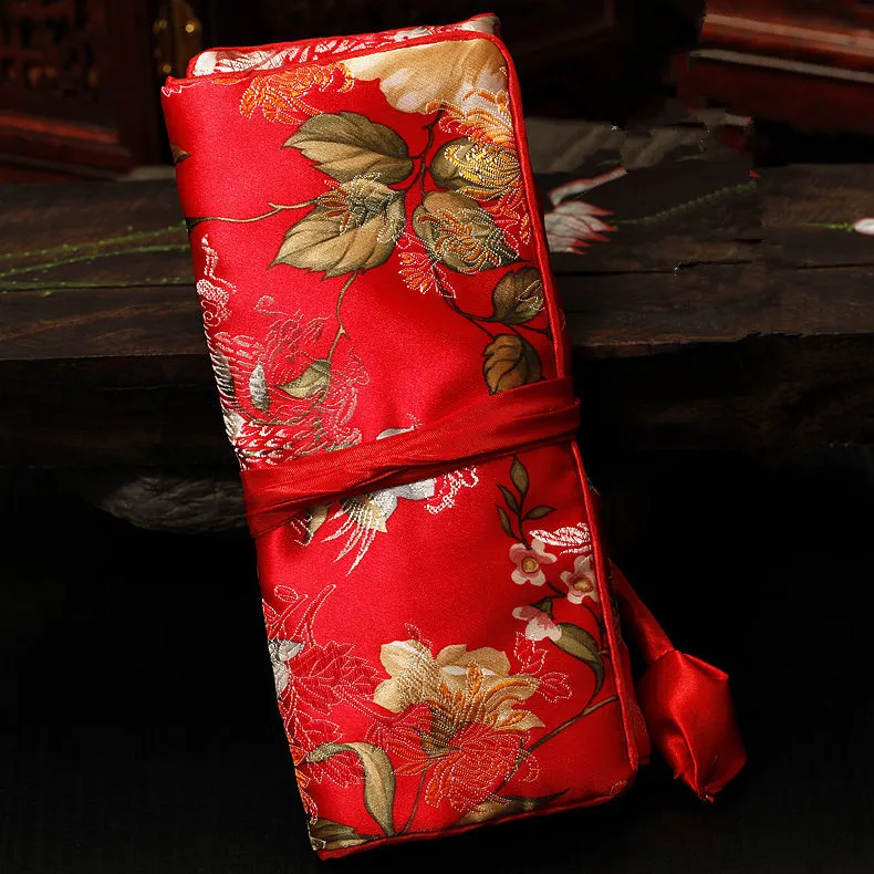 Large Pretty Flower Foldable Jewelry Roll Up Travel Bag Cosmetic Makeup Storage Bag Drawstring Chinese Silk Brocade Pouch Bag 