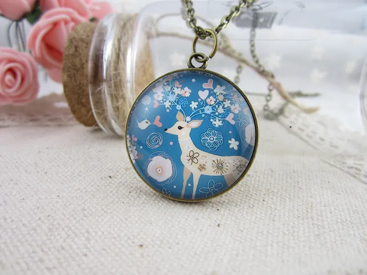 Forest Deer Pendant Necklace Cabochons Long Sweater Chain Necklace Forest Deer Fashion Charm Jewelry Sweater Chain Christmas Gift