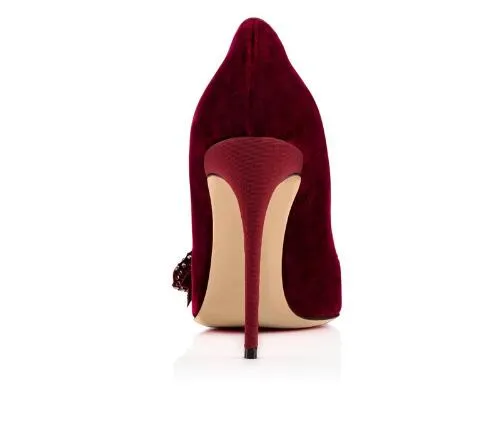 2017 Nuove pompe singole da donna in velluto rosso vino OL selvaggio Eleganti scarpe da sposa con punta a punta con nodo a farfalla