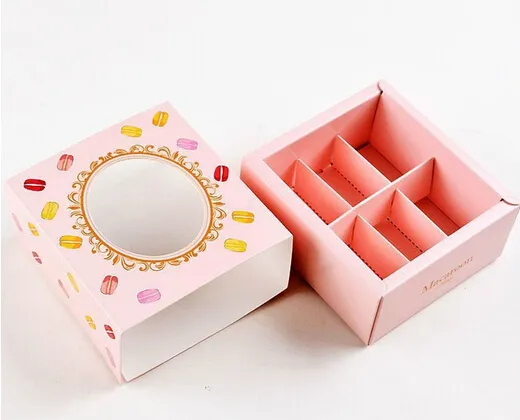 Nowy 12 * 11 * 5,2 cm Macaron Cake Paper Box z okienkiem Herbatniki Pudełko Opakowania 3 Kolory 100 sztuk / partia Darmowa Wysyłka