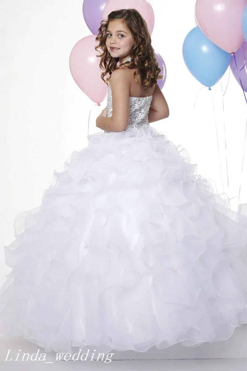白い色の女の子のページェントのドレス王女のボールガウンオーガンザビーズパーティーカップケーキのためのウエディングのドレスピリオド小さなドレス小さな子供