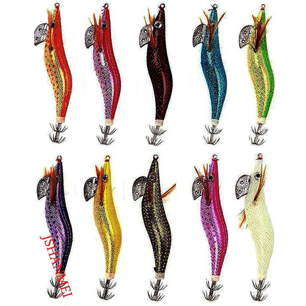 10pcs Luminous Squid Jigs Hard Fishing Lures 2.5# 3.0# 3.5# Squid Bait Jig Hooks