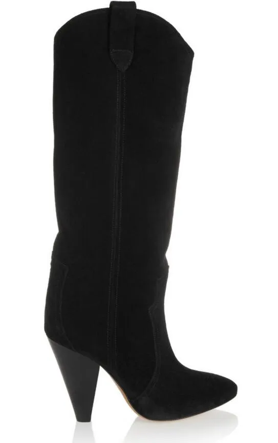 Design de mode noir daim cuir femmes chaussons talon aiguille chaussons bout pointu talons hauts mujer botas demi bottes femmes