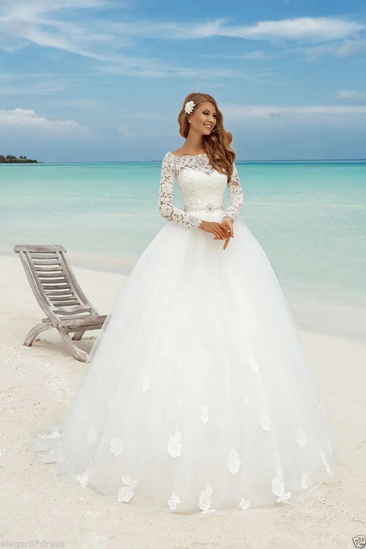 Beautiful Beach Long Sleeve Ball Gown Wedding Dresses Boat Neck Lace Floral Fitted Beaded Sash Summer Bridal Cheap arabic Bohemian Country