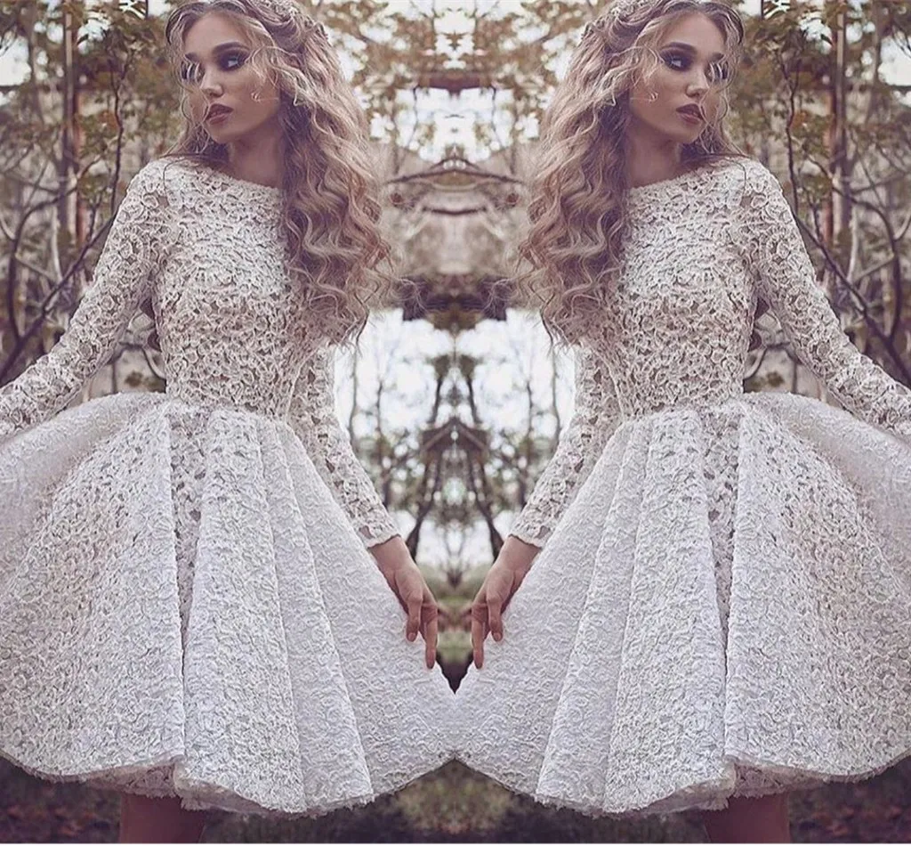 Long Sleeves Homecoming Dresses All White Lace Applique Prom Dresses Short Back Zipper Tiered Ruffle Custom Made Formal Occasion Party Dress