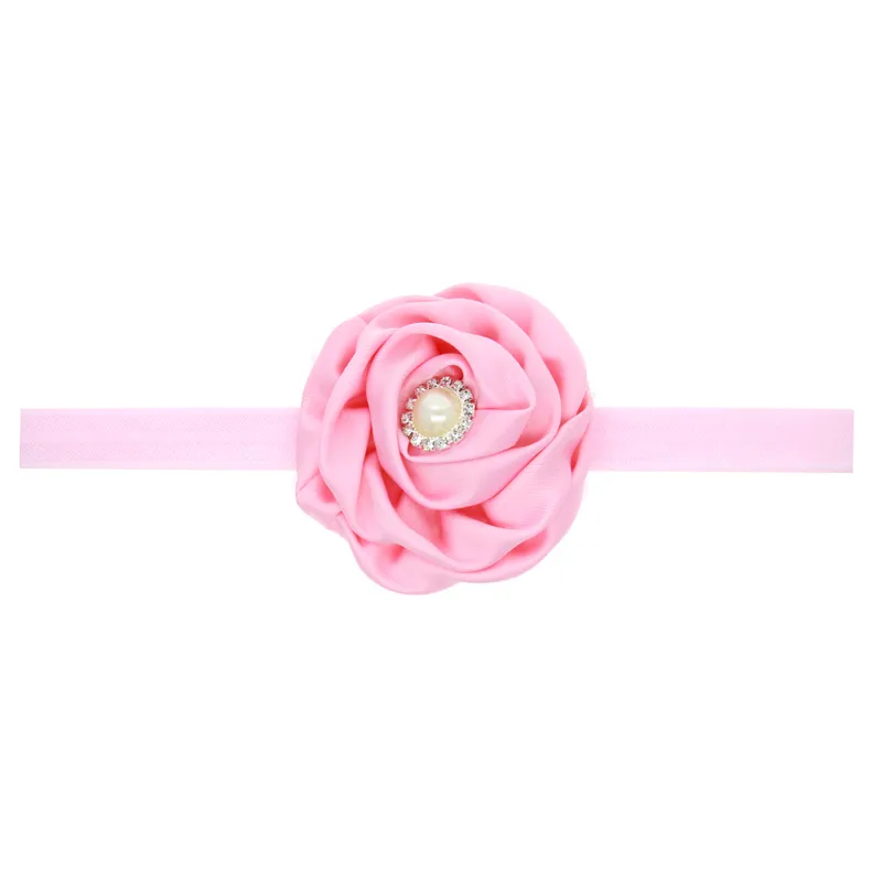 Baby Headbands Flores Flores Cetim Rose Head Bands Crianças Acessórios de Cabelo Rhinestone Pearl Hairbands Princesa Headdress Elastic Headwear Kha168