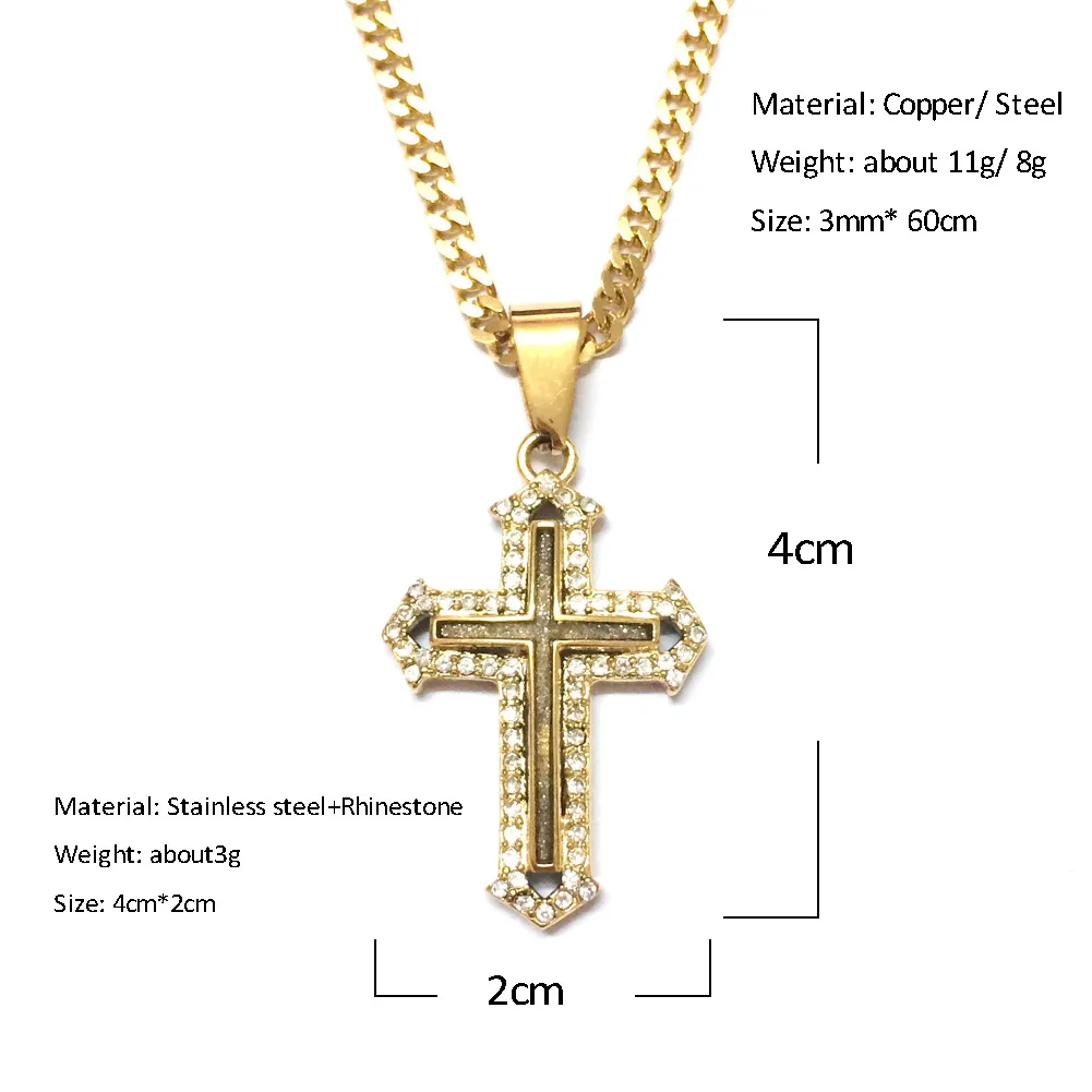 Hiphop goud roestvrij staal dubbele rijen echte kristallen kruis hanger ketting voor vrouwen mannen sieraden