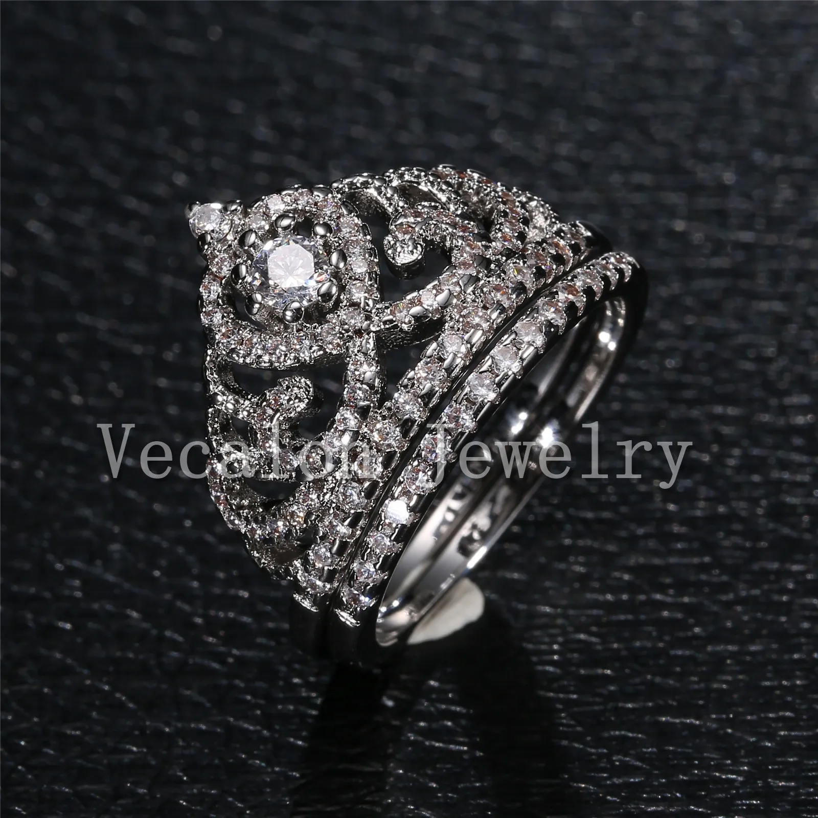 Vecalon mode couronne bague de mariage ensemble pour femmes diamant simulé Cz 10KT or blanc rempli femme bague de fiançailles